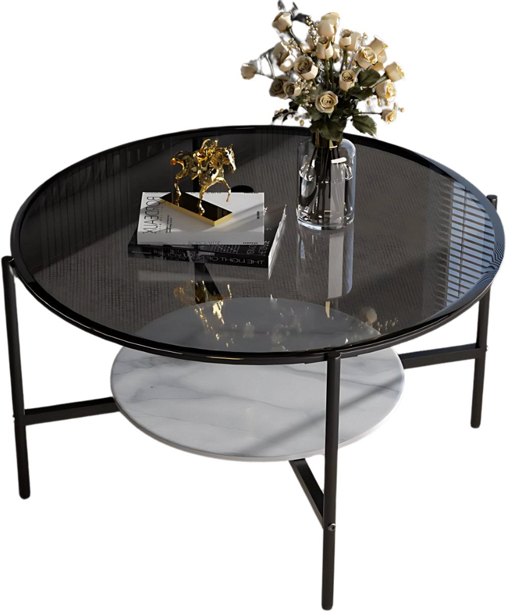 Salontafel Mira - 2-Lagen Glazen Design - Grijs - Glanzend Tafelblad & Leistenen Onderplank - Moderne Luxe Thee- & Bijzettafel voor Woonkamer