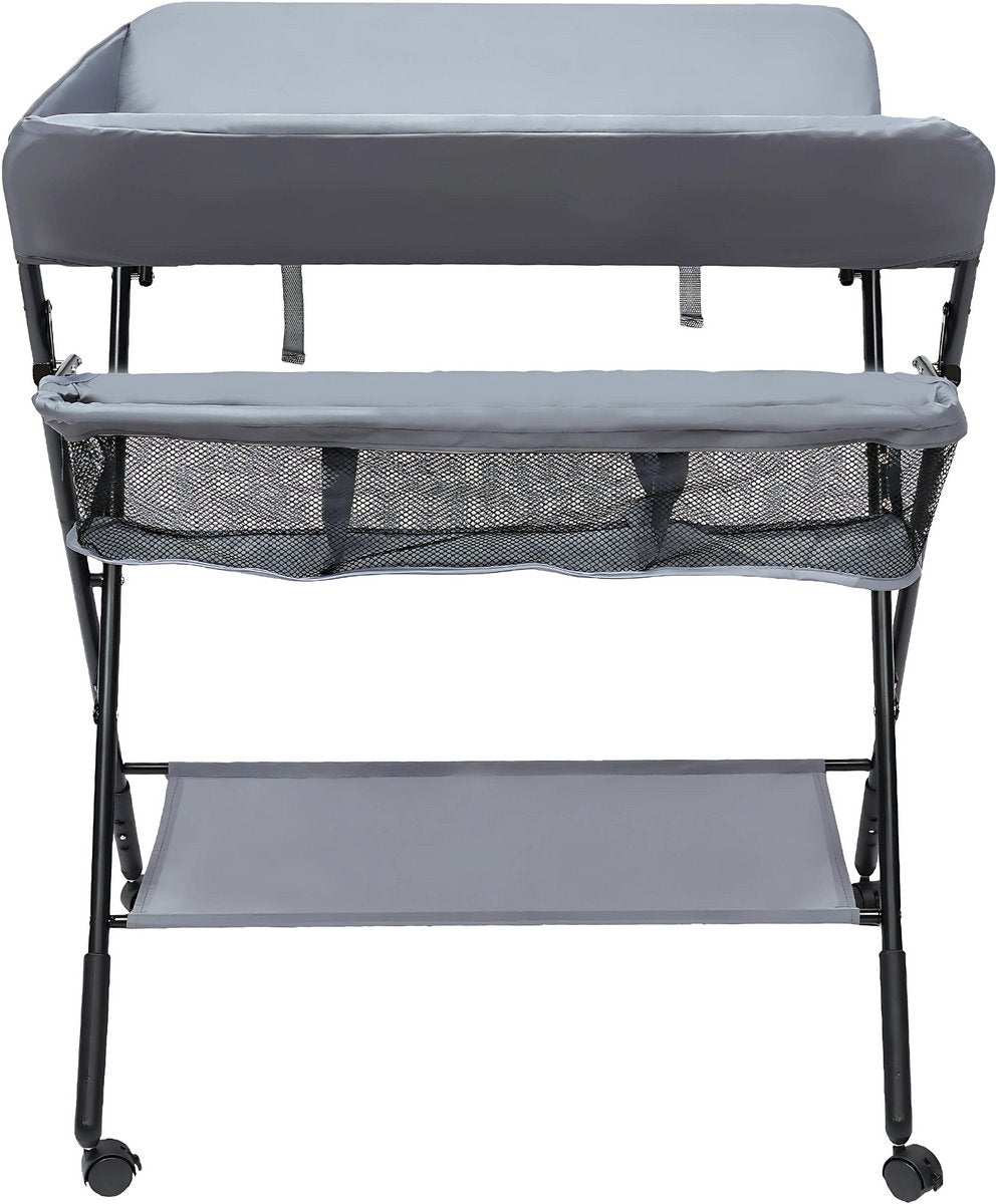Babycommode - Opvouwbaar en draagbaar - Luierverzorgingsstation - Mobiele luiertafel - Voor Verzorging in Kinderkamer - Verstelbare Hoogte & Met Wielen - 80x63x96cm -Grijs