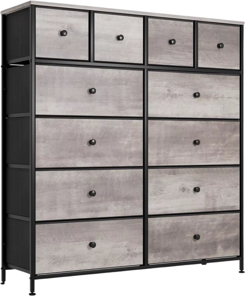 Dressoir kast - Grijs - voor Woonkamer of slaapkamer met 12 Lades - Stof en stalen frame - Ladekast - Opbergkast