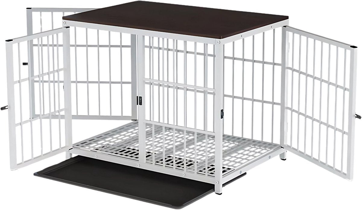 Zware Hondenkennel - Voor Huisdieren - Metalen Hondenkrat met Houten Meubelstijl - Hondenbench - Wit - 107cm - HAPPYMENT