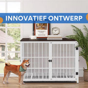 Zware Hondenkennel - Voor Huisdieren - Metalen Hondenkrat met Houten Meubelstijl - Hondenbench - Wit - 91cm - HAPPYMENT