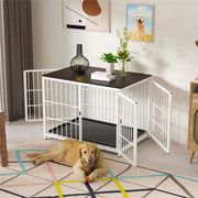 Zware Hondenkennel - Voor Huisdieren - Metalen Hondenkrat met Houten Meubelstijl - Hondenbench - Wit - 91cm - HAPPYMENT