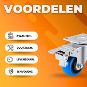 Zwenkwielen met rem - Set van 4 - 125 mm - Set van 4 - Transportrollen - Zware wielen - 170KG Draagvermogen - HAPPYMENT