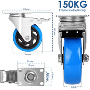 Zwenkwielen met rem - Transportrollen - Set van 4 - 100mm - Zware wielen - 150KG Draagvermogen - HAPPYMENT